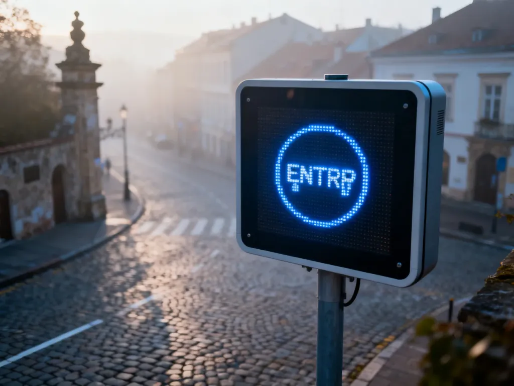 Elektroniczny znak drogowy przy wjeździe do historycznego centrum miasta, sugerujący strefę ograniczonego ruchu.