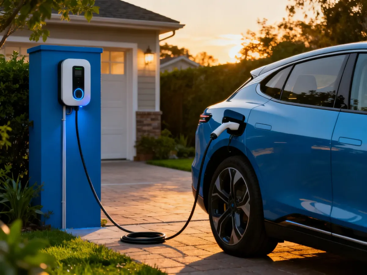 Samochód elektryczny ładowany wallboxem przy domu