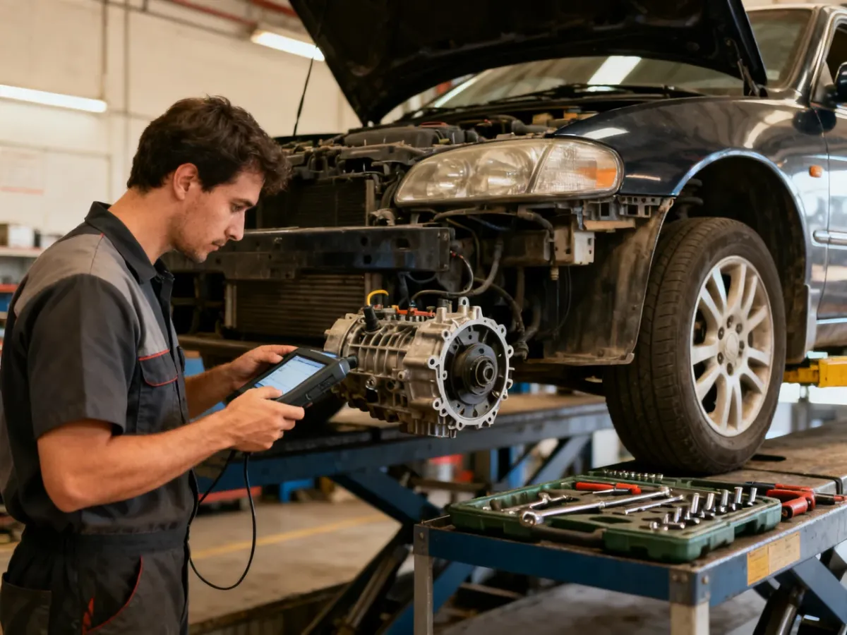 Mechanik sprawdza używany samochód z automatyczną skrzynią biegów