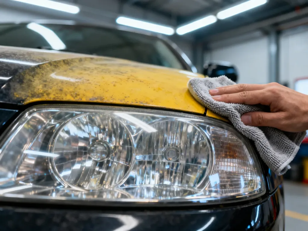 Porównanie zmatowiałego, żółtego reflektora z jego przejrzystą częścią po polerowaniu ściereczką z mikrofibry.