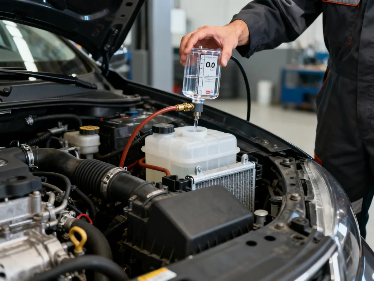 Mechanik wykonujący test CO2 w układzie chłodzenia samochodu