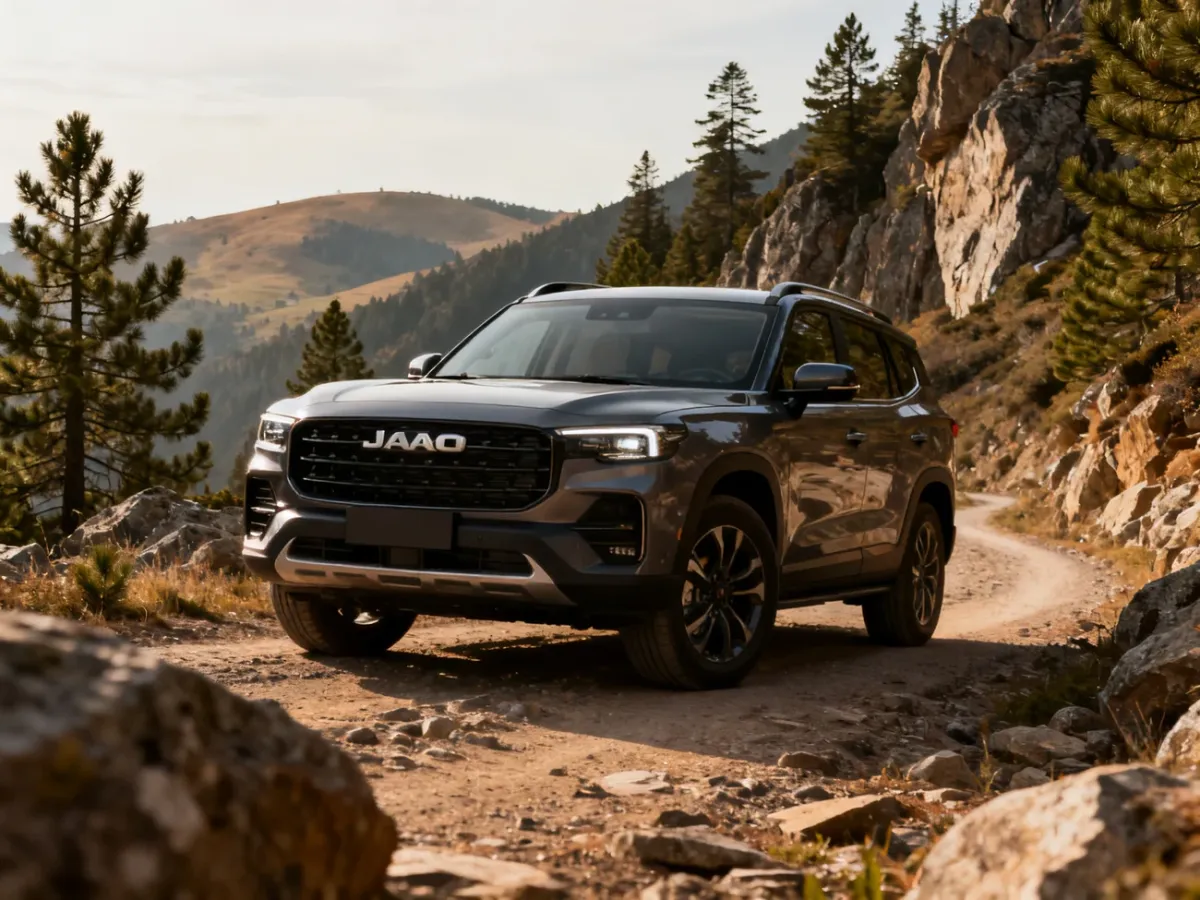 Nowoczesny SUV Jaecoo na górskiej drodze wśród skalistego terenu