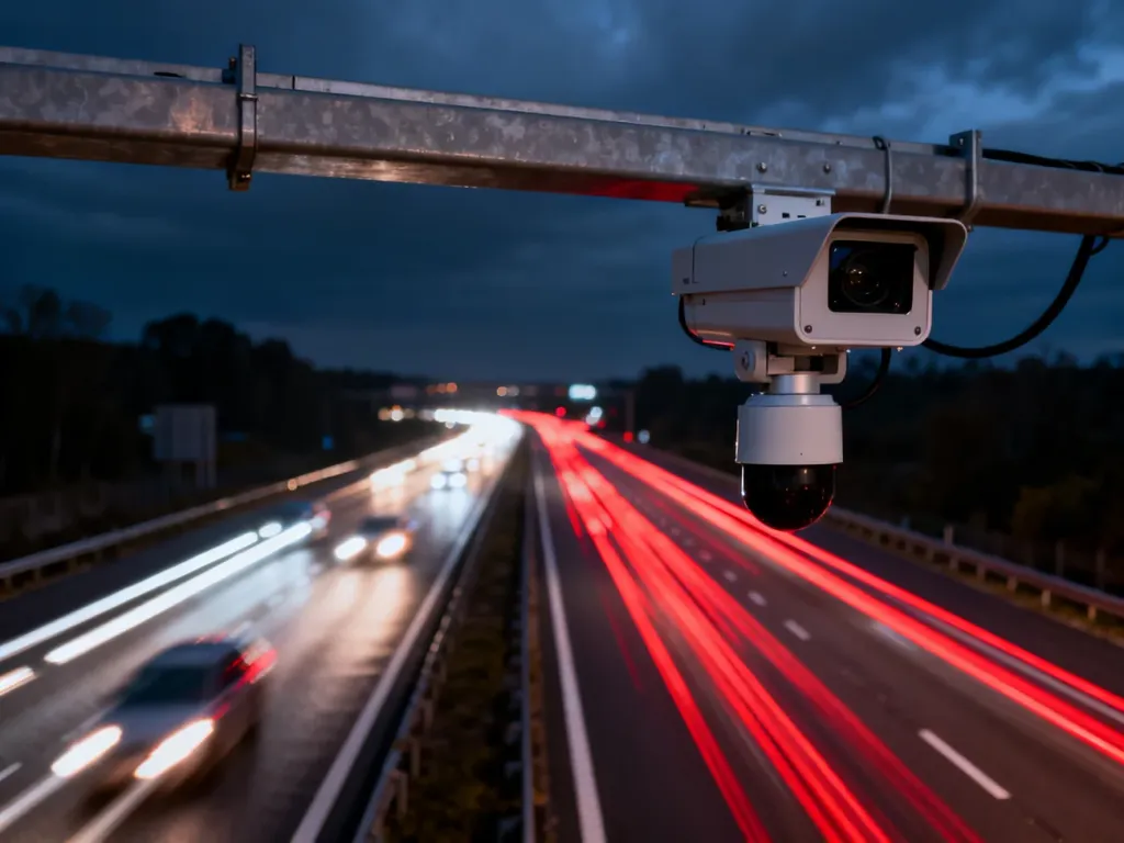 Kamera odcinkowego pomiaru prędkości nad autostradą nocą, z rozmytymi światłami przejeżdżających samochodów.