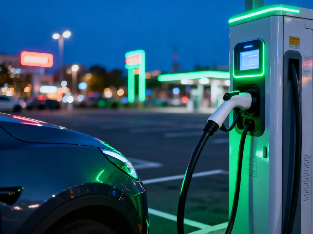 Nowoczesna stacja ładowania samochodu elektrycznego na parkingu nocą, z widocznym kablem podłączonym do pojazdu.