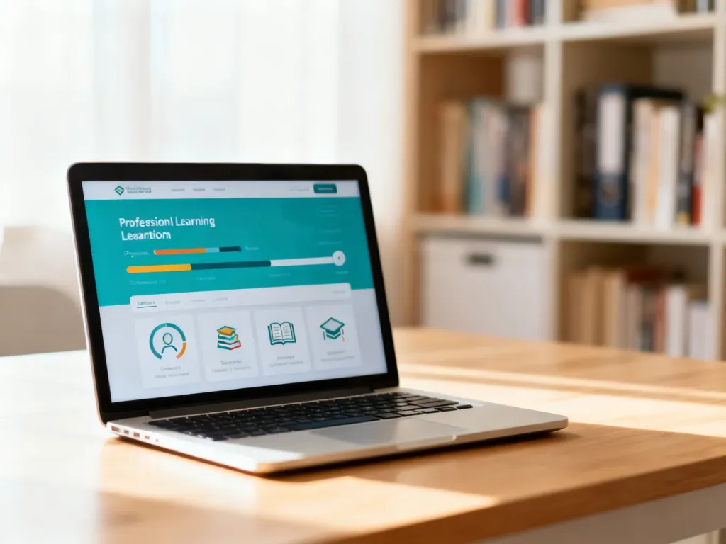 Nowoczesny laptop z platformą e-learningową na biurku, symbolizujący wygodę nauki zdalnej w domowym zaciszu.
