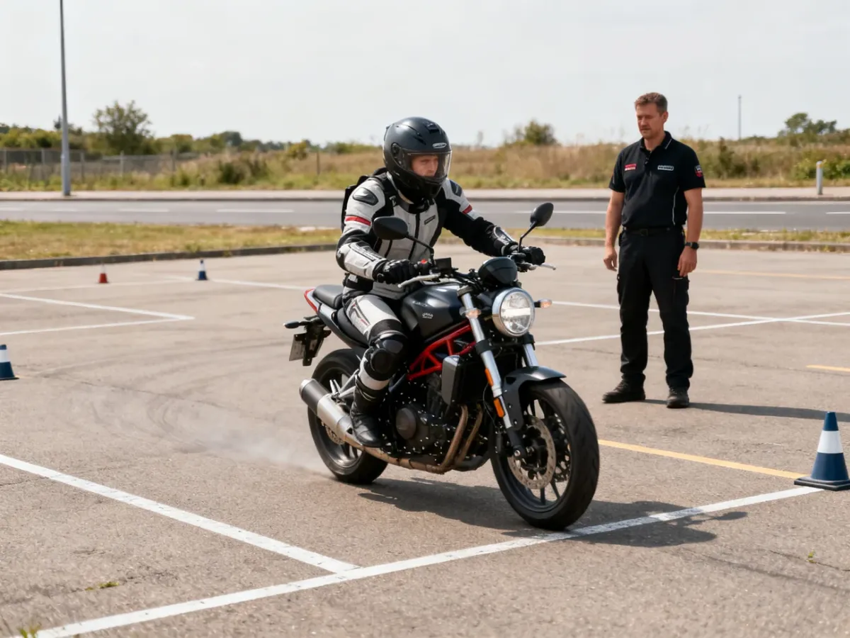 Kursant w stroju ochronnym ćwiczący jazdę motocyklem pod nadzorem instruktora