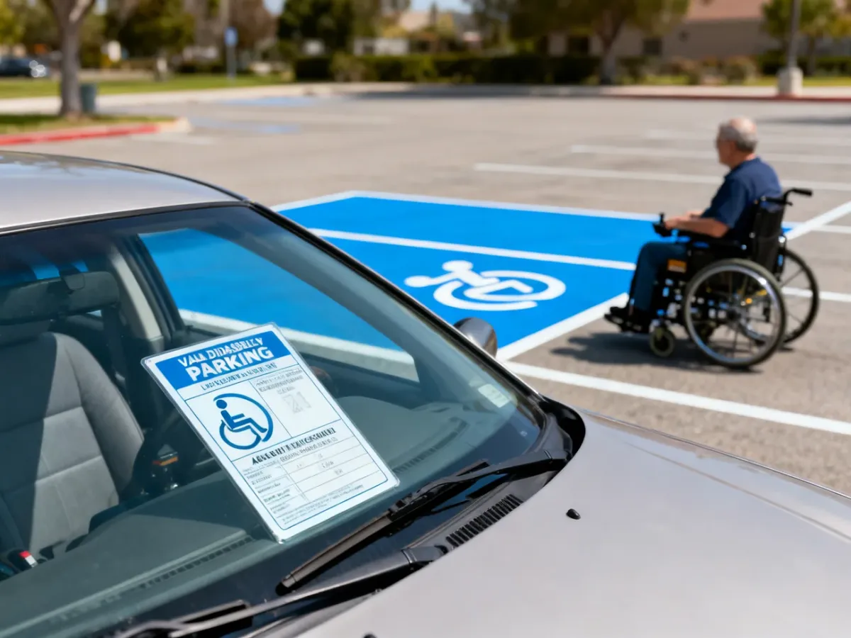 Karta parkingowa za szybą samochodu na oznaczonym miejscu dla osób z niepełnosprawnością