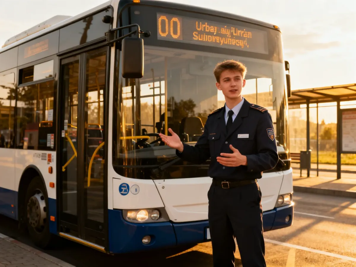 Młody kierowca autobusu stojący przy nowoczesnym autobusie na przystanku
