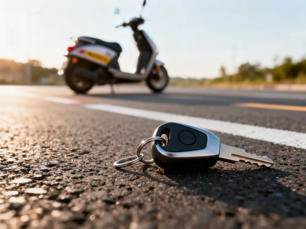 Kluczyk do motoroweru leżący na asfalcie na tle motocykla szkoleniowego, symbolizujący rozpoczęcie kursu na prawo jazdy AM.