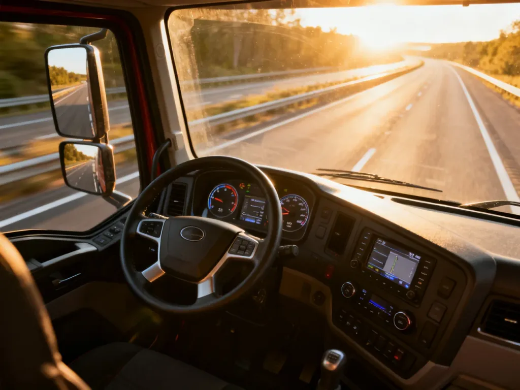 Wnętrze kabiny ciężarówki z widokiem na deskę rozdzielczą i słoneczną autostradę przez przednią szybę.