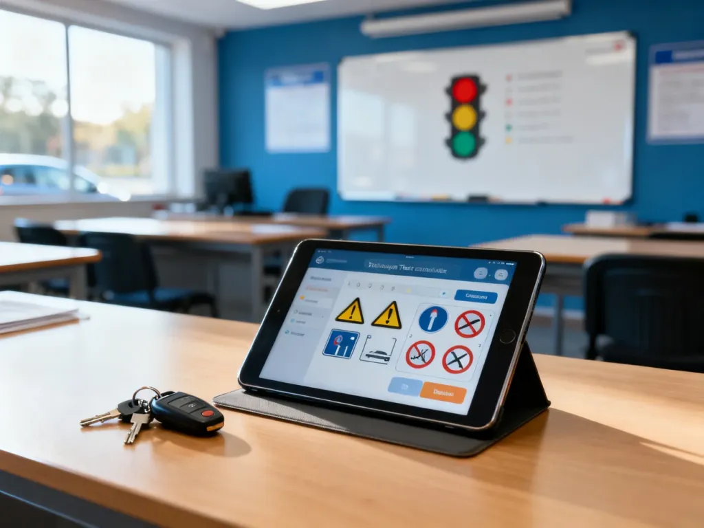 Tablet z quizami o znakach drogowych i kluczyki do samochodu na biurku w ośrodku szkolenia kierowców.