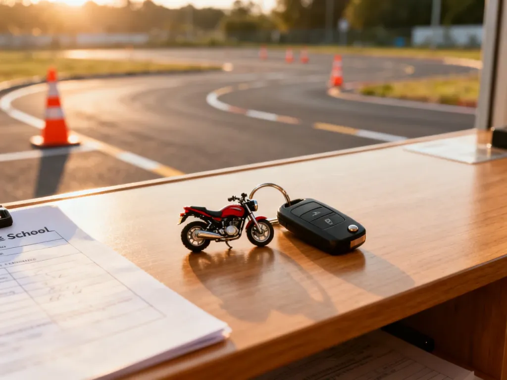 Kluczyki do samochodu i motocykla leżące obok siebie na biurku w szkole nauki jazdy, symbolizujące równoległe szkolenie.