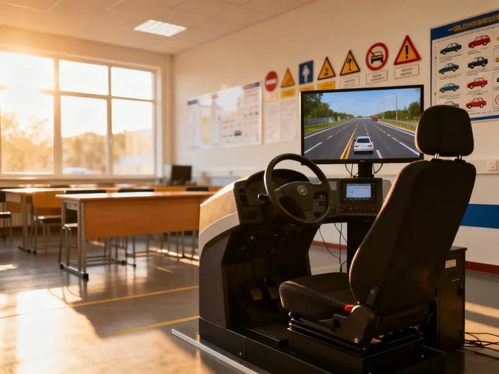 Nowoczesny symulator jazdy w sali wykładowej szkoły nauki jazdy, przygotowujący kursantów do egzaminu państwowego.