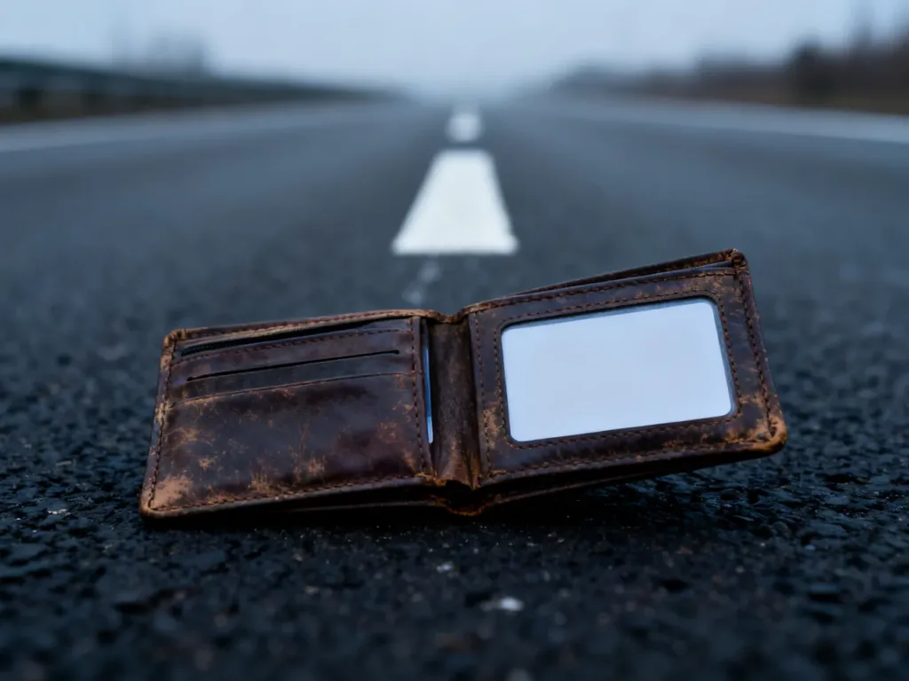 Otwarty portfel z pustą kartą identyfikacyjną leżący na asfalcie, symbolizujący brak wymaganych uprawnień do kierowania.