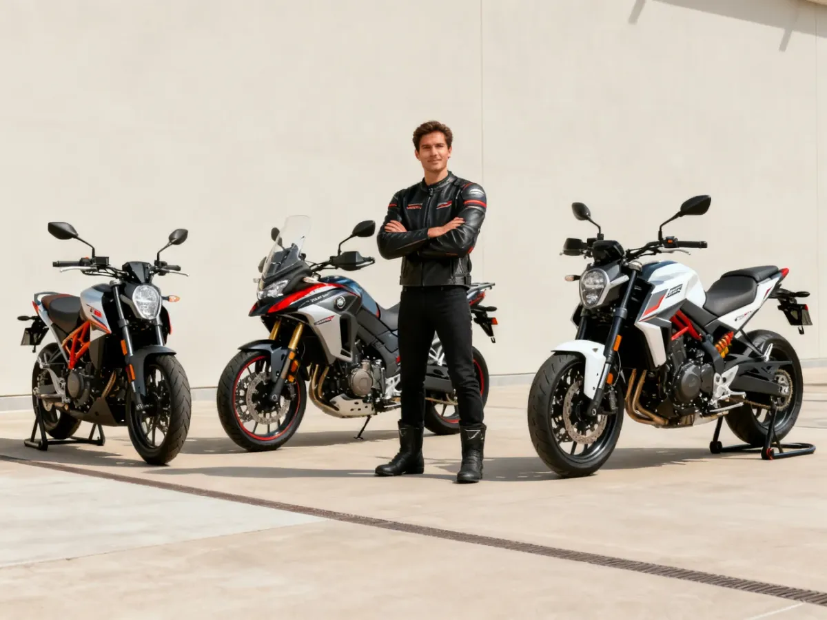 Motocyklista wybierający odpowiedni motocykl spośród kilku modeli