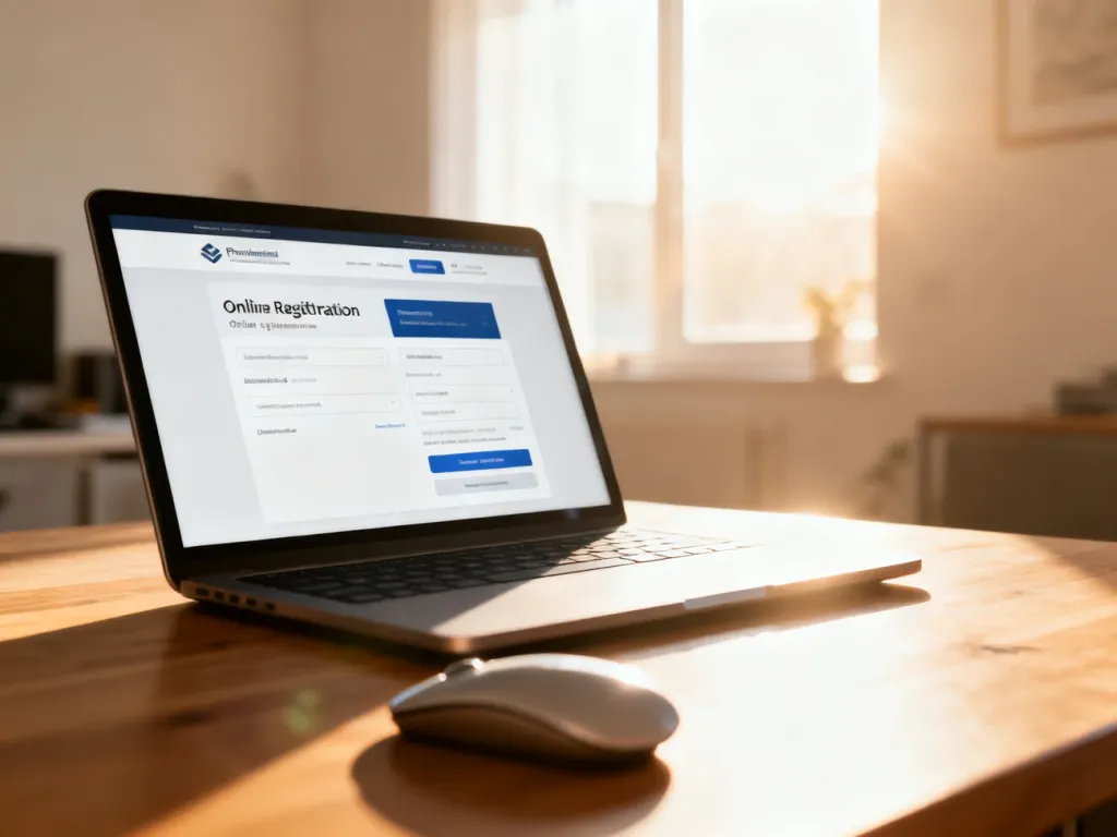 Ekran laptopa z otwartym formularzem rejestracji online na jasnym biurku w słonecznym domowym biurze.