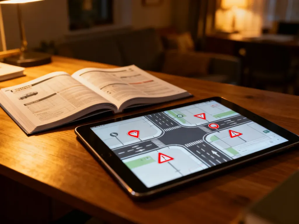Otwarty podręcznik kierowcy i tablet z diagramem skrzyżowania na biurku, przygotowujące do egzaminu teoretycznego.
