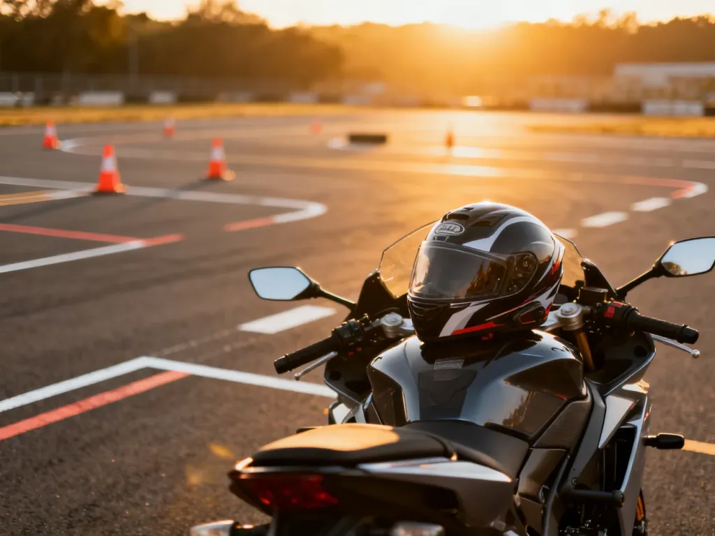 Nowoczesny motocykl z kaskiem na siedzeniu zaparkowany na torze szkoleniowym, przygotowany do nauki jazdy kategorii A2.