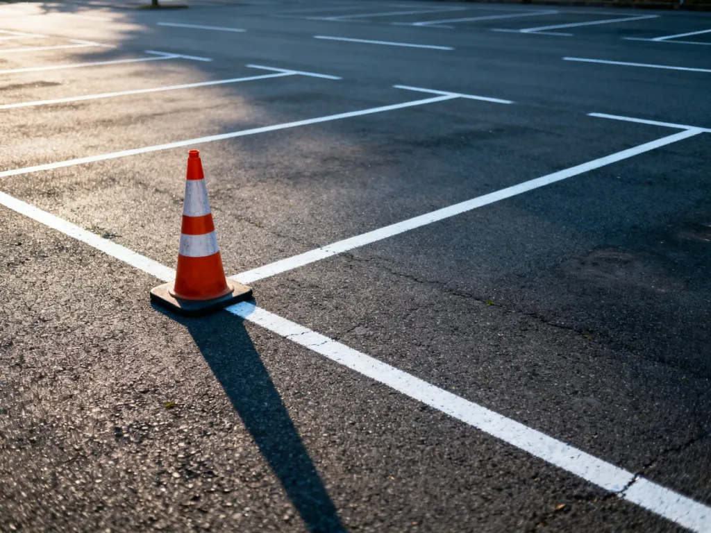 Plac manewrowy ośrodka egzaminacyjnego z wyznaczonymi liniami do parkowania i pachołkiem treningowym.