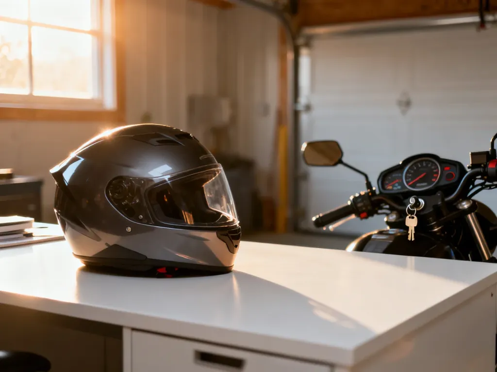 Nowoczesny kask motocyklowy na biurku w garażu, symbolizujący przygotowania do kursu na prawo jazdy kategorii AM.
