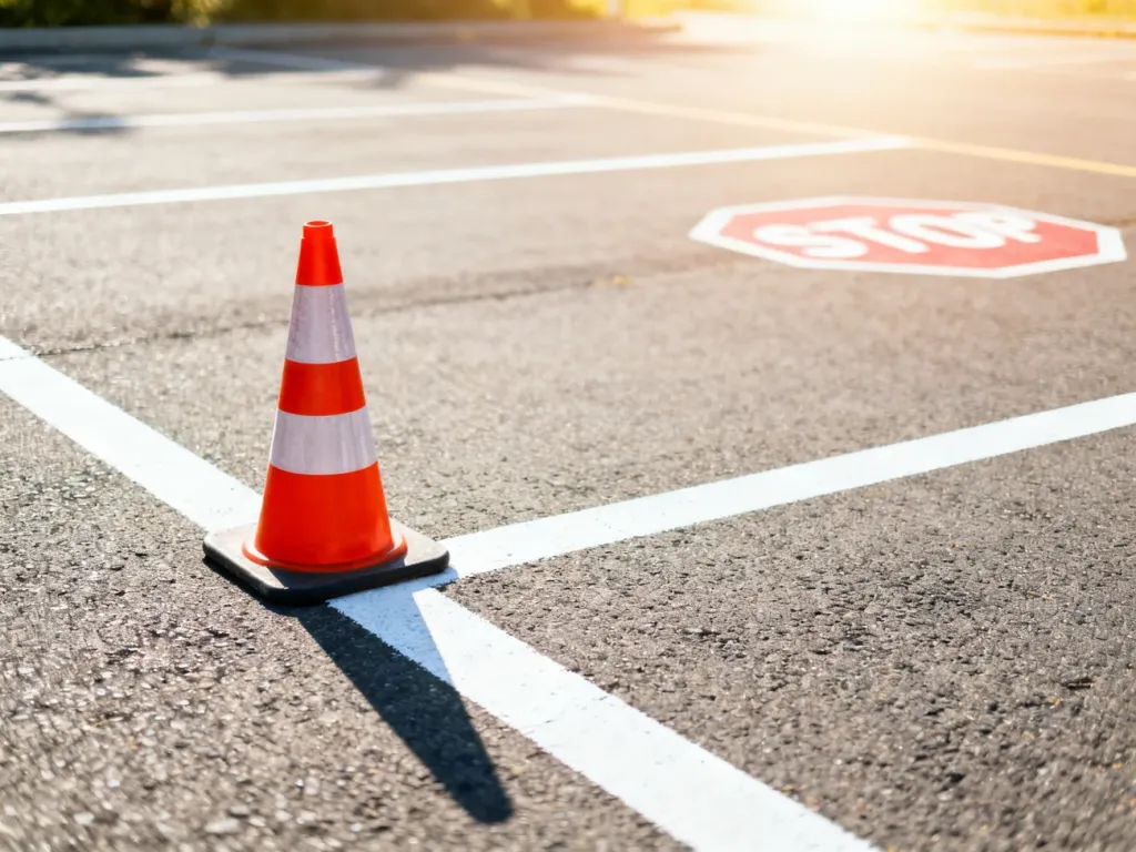 Pachołek drogowy na placu manewrowym przy wyznaczonym miejscu parkingowym, przygotowanym do egzaminu na prawo jazdy.