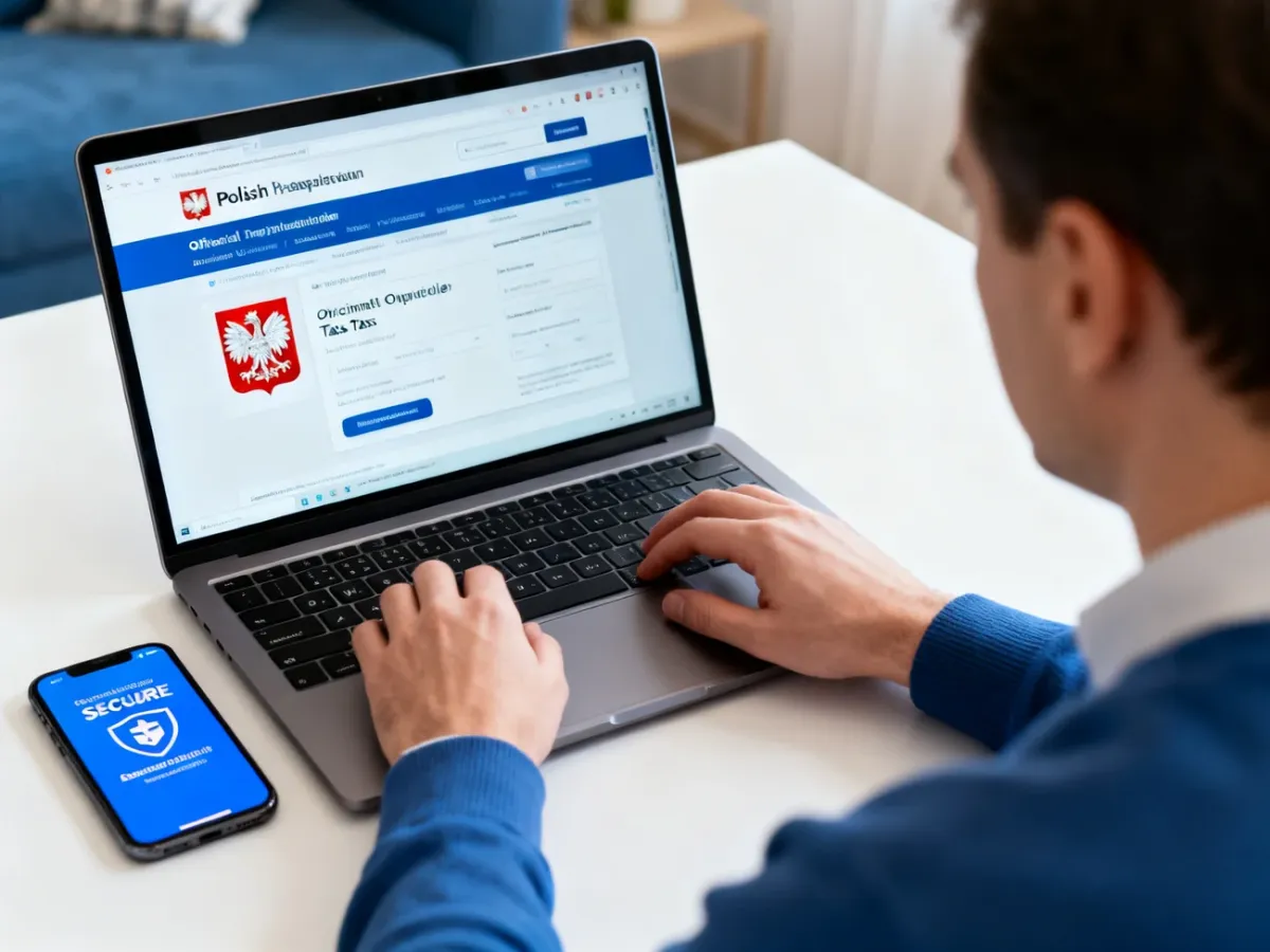 Osoba sprawdzająca mandat w internetowym serwisie skarbowym na laptopie