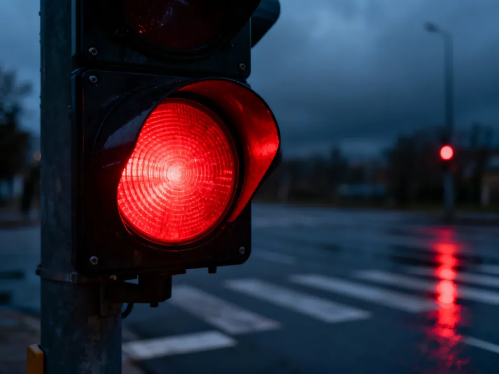 Świecące na czerwono światło sygnalizatora na tle wieczornego miasta, ostrzegające przed zakazem wjazdu na skrzyżowanie.