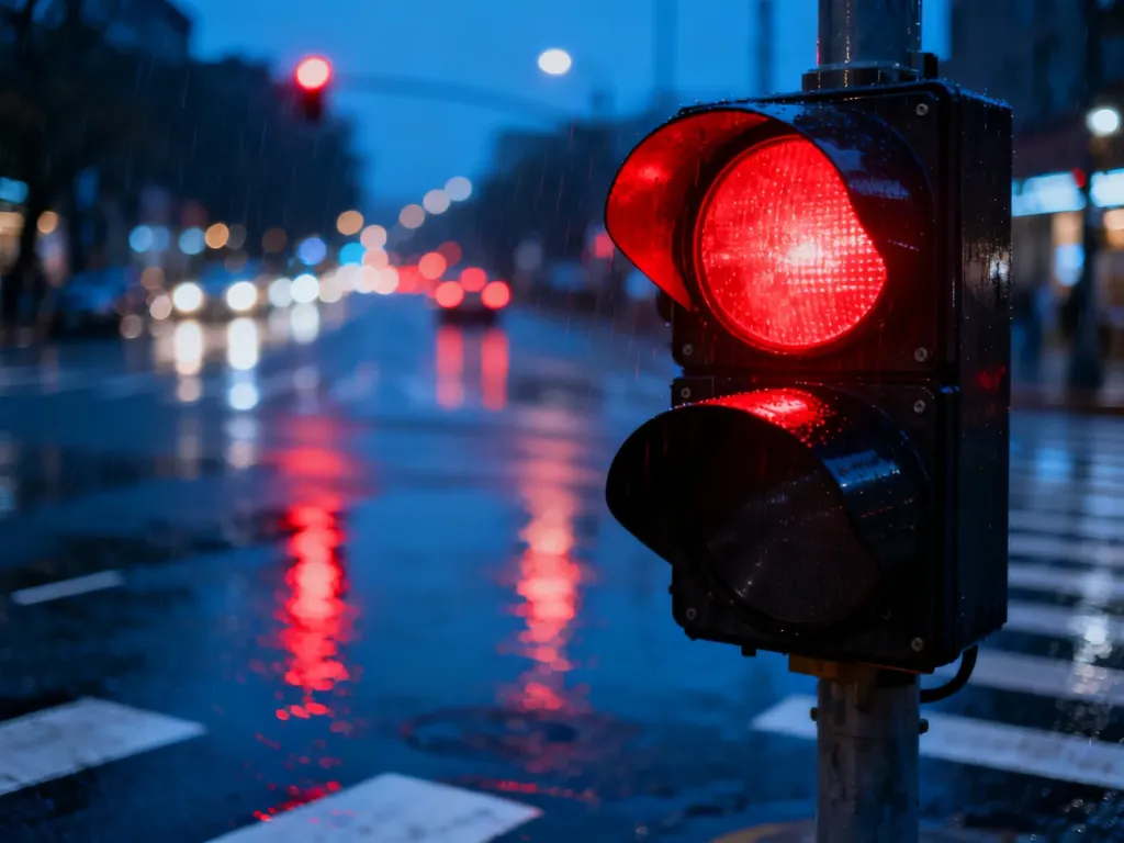 Świecące na czerwono światło sygnalizacji drogowej nad mokrą jezdnią w deszczową noc.