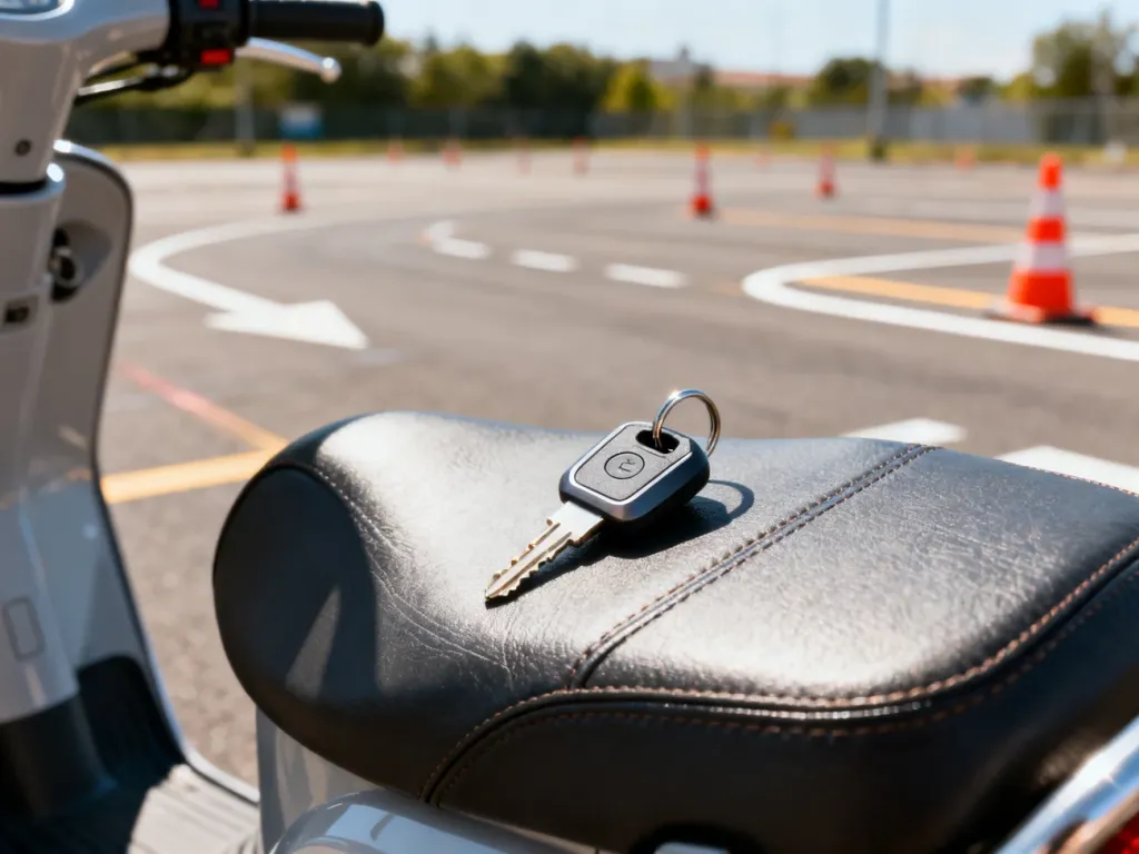 Kluczyk do motoroweru na skórzanym siedzeniu z widocznym w tle placem manewrowym szkoły jazdy.