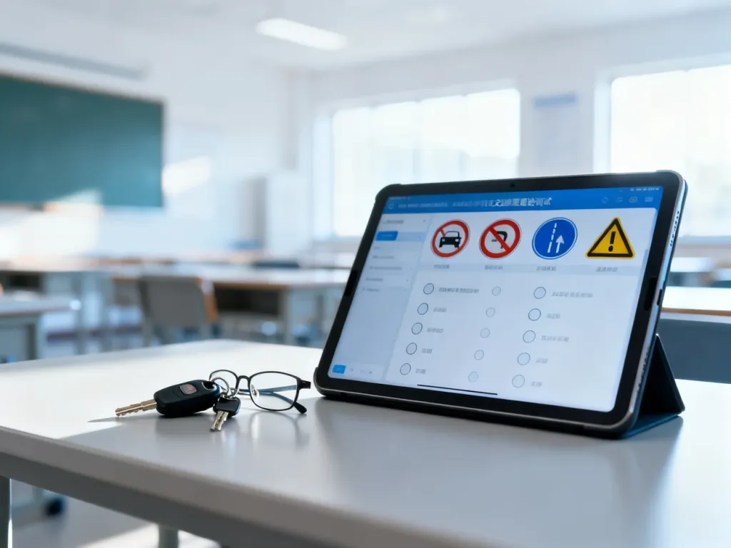 Tablet z wyświetlonym testem teoretycznym na prawo jazdy, kluczykami do samochodu i okularami na biurku w sali egzaminacyjnej.