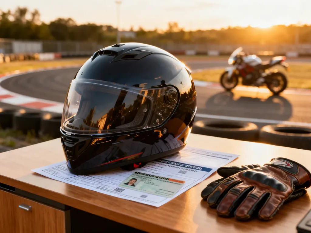 Kask motocyklowy, rękawice i dokumenty prawa jazdy na biurku, w tle rozmyty tor szkoleniowy.