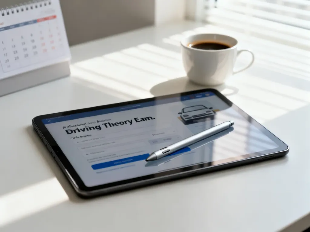 Tablet z otwartym formularzem rejestracji na egzamin teoretyczny na prawo jazdy, leżący na uporządkowanym biurku.