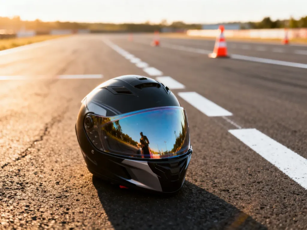 Nowoczesny kask motocyklowy na placu manewrowym podczas egzaminu na prawo jazdy kategorii AM.