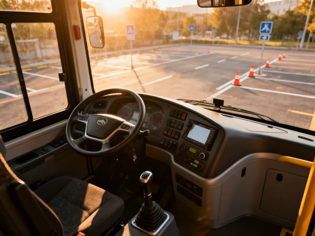 Widok z perspektywy kierowcy na kokpit nowoczesnego autobusu miejskiego podczas przygotowań do egzaminu praktycznego.