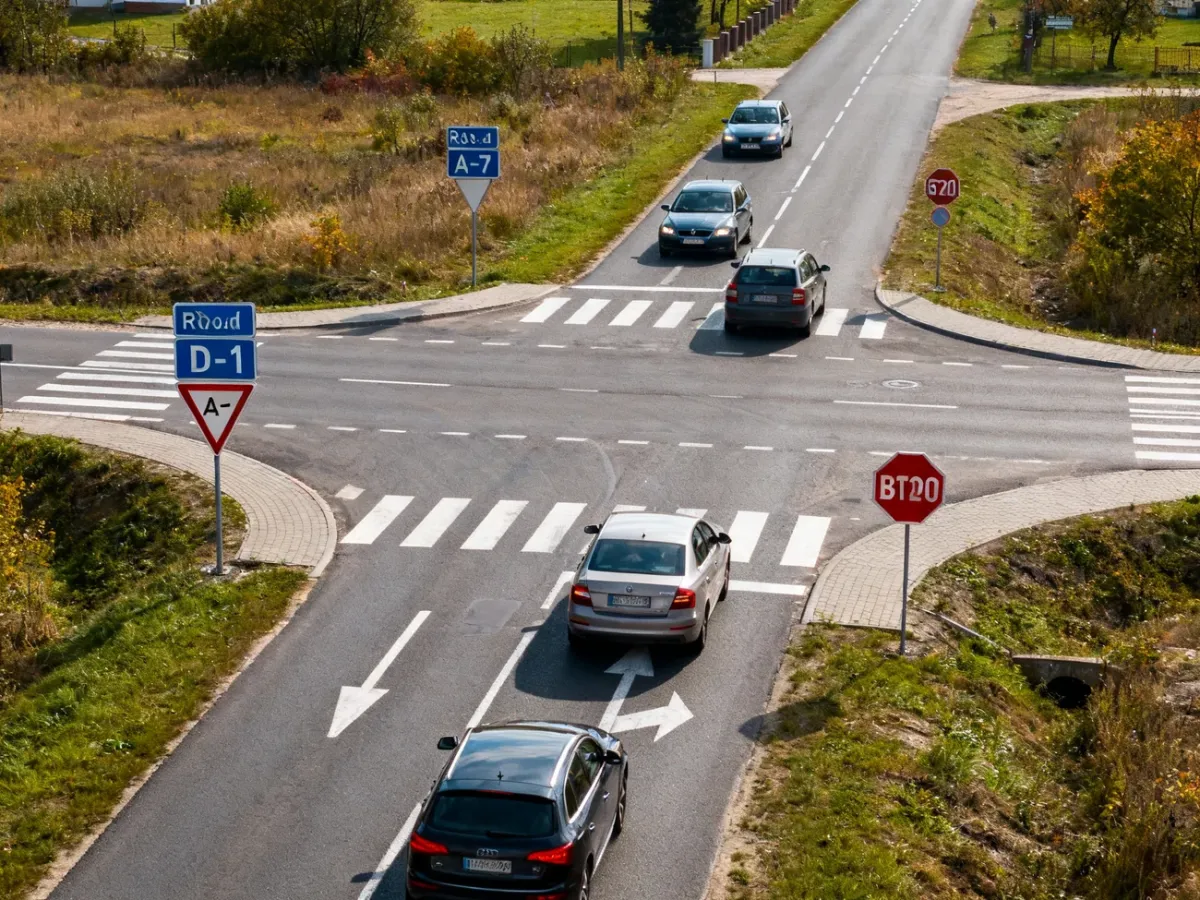 Skrzyżowanie z oznakowaniem drogi z pierwszeństwem, ustąpienia pierwszeństwa i stop