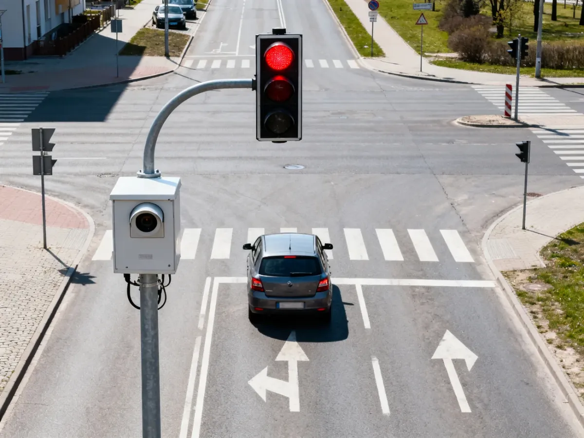 Kamera systemu Red Light rejestrująca samochód na skrzyżowaniu przy czerwonym świetle