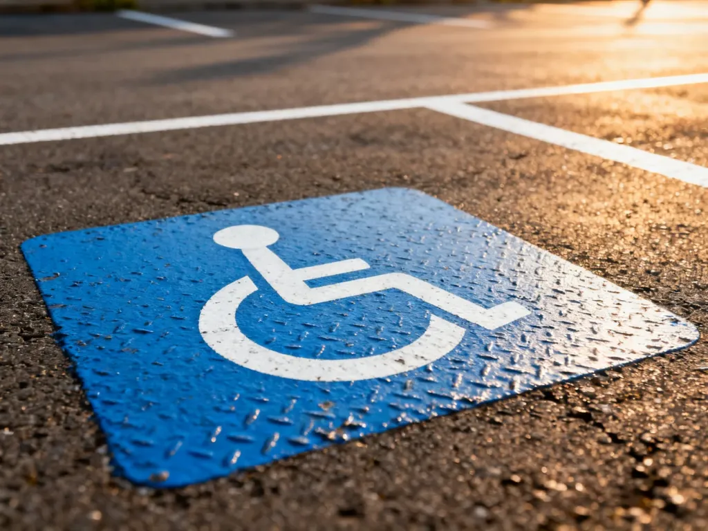 Niebieski znak z symbolem wózka inwalidzkiego wyznaczający miejsce parkingowe dla osób z niepełnosprawnościami.