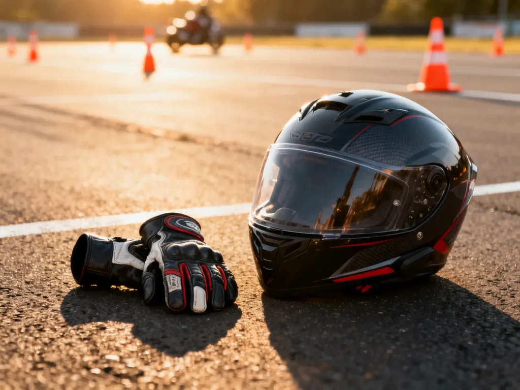 Nowoczesny kask motocyklowy i skórzane rękawice na torze szkoleniowym z pachołkami w tle.