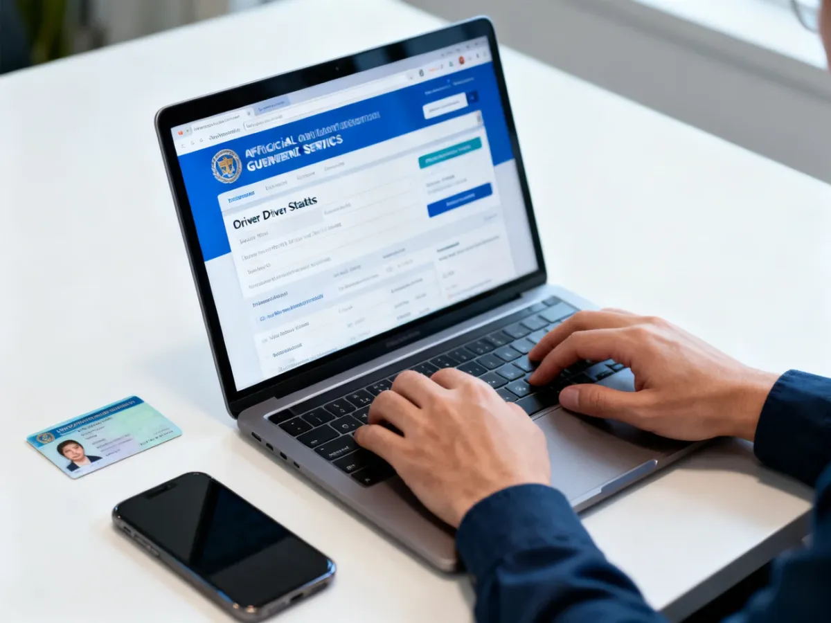 Osoba sprawdzająca status prawa jazdy na laptopie, obok dokument i smartfon