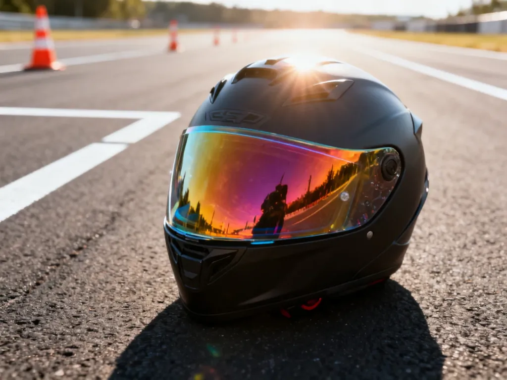 Profesjonalny kask motocyklowy na torze egzaminacyjnym, symbolizujący przygotowanie do egzaminu na prawo jazdy kategorii AM.