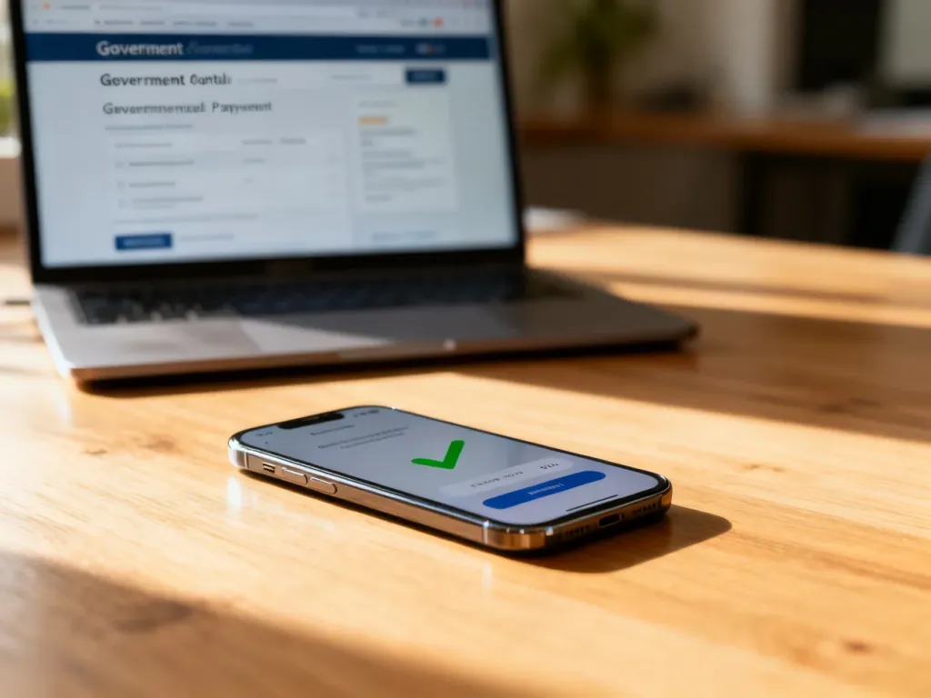 Smartfon z widocznym potwierdzeniem płatności na ekranie leżący na biurku obok laptopa z rządowym portalem usługowym.