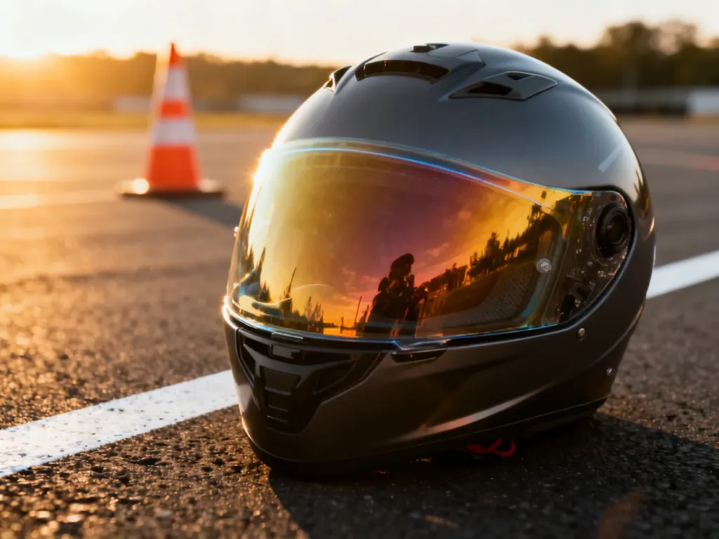 Nowoczesny kask motocyklowy na torze szkoleniowym, symbolizujący przygotowanie do egzaminu na kategorię A.