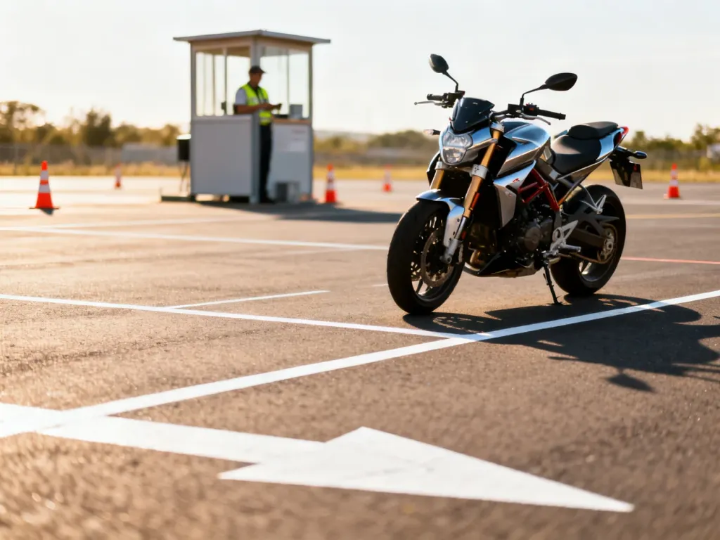 Nowoczesny motocykl na placu manewrowym ośrodka szkolenia kierowców w słoneczny dzień.