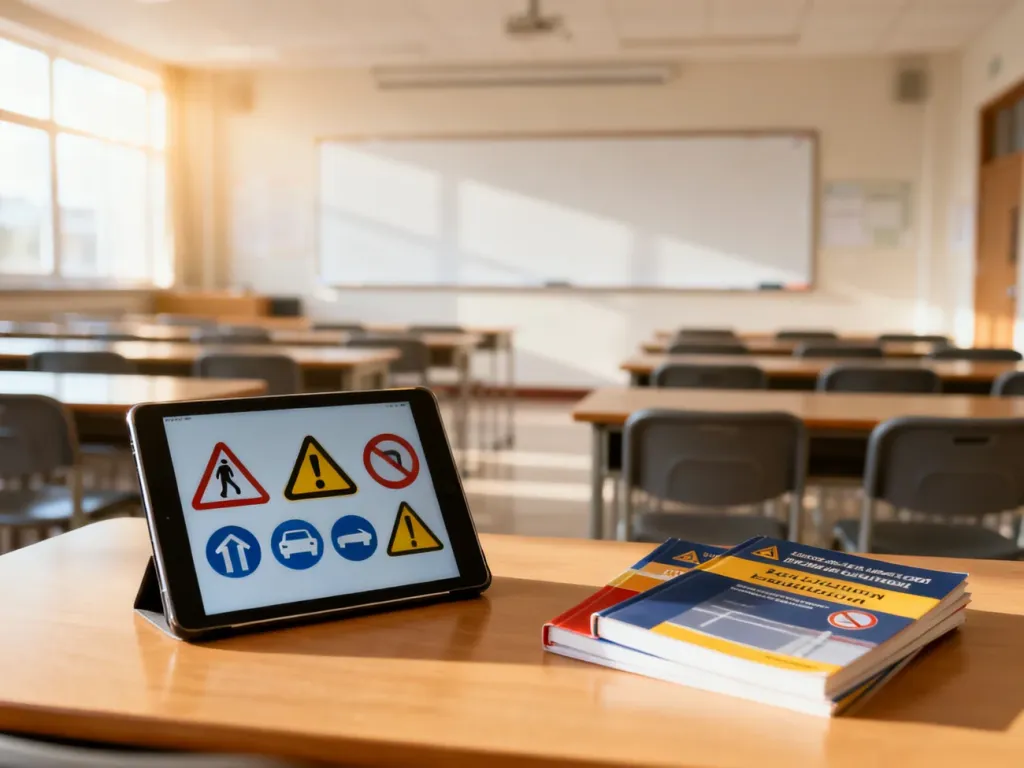Nowoczesna sala szkoleniowa ośrodka szkolenia kierowców z materiałami edukacyjnymi dotyczącymi przepisów ruchu drogowego.