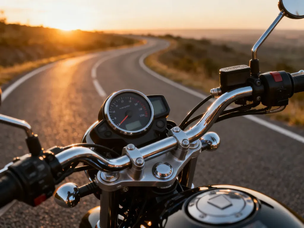 Nowoczesna deska rozdzielcza motocykla na tle malowniczej, krętej drogi o zachodzie słońca.