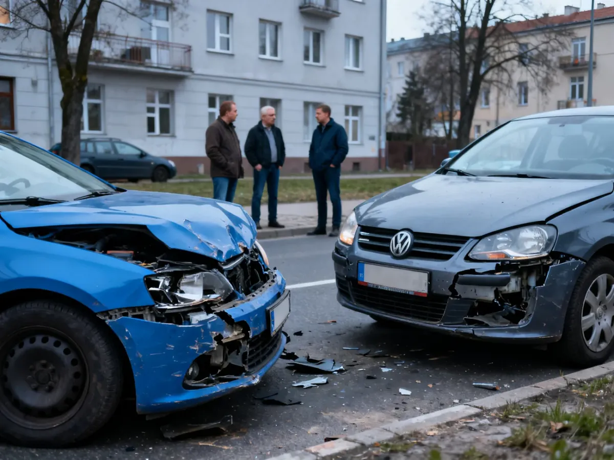Dwa samochody po niegroźnej kolizji stojące na poboczu ulicy