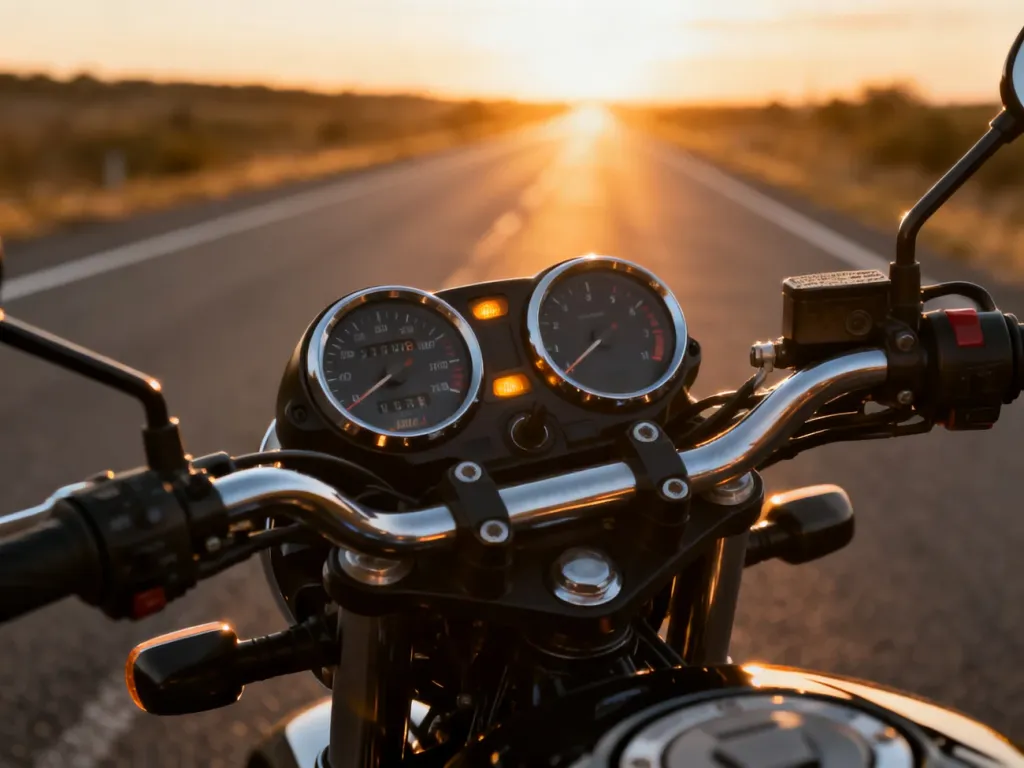 Nowoczesny licznik motocykla na tle drogi o zachodzie słońca, symbolizujący początek nauki jazdy na kategorię A.