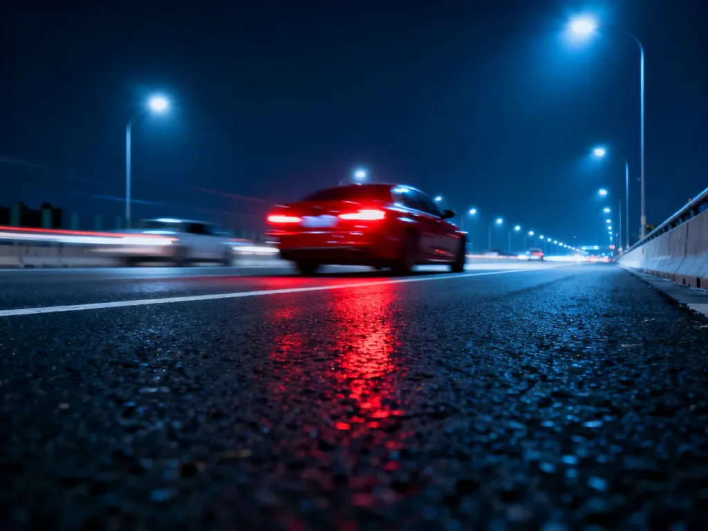 Rozmyta autostrada nocą z widocznym światłem tylnym pojazdu jadącego pod prąd, co obrazuje niebezpieczeństwo cofania.