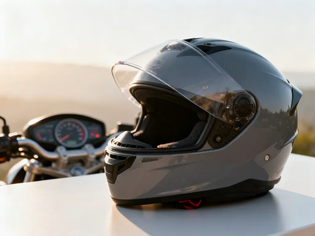 Nowoczesny kask motocyklowy na stole, w tle zarys deski rozdzielczej motocykla. Ilustracja przygotowań do kursu na prawo jazdy.