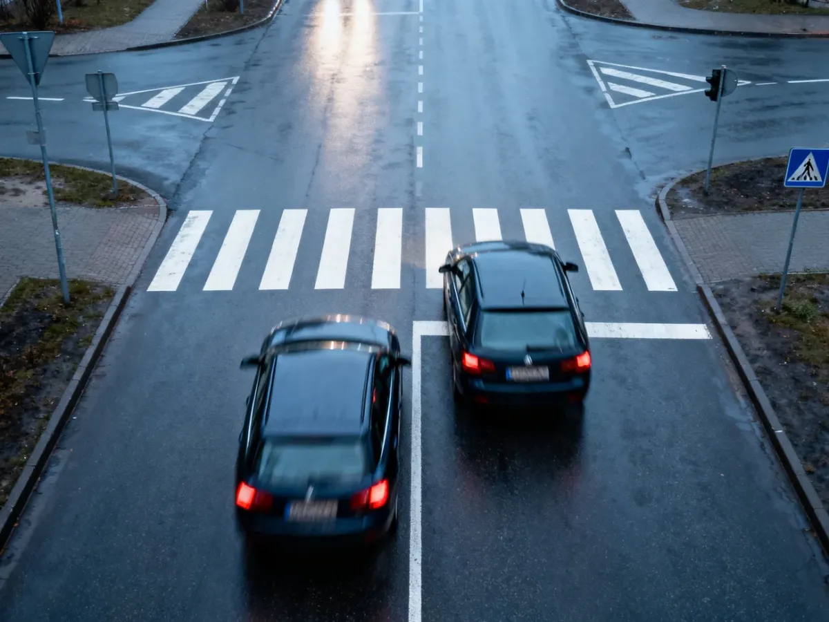 Samochód wyprzedzający inne auto bezpośrednio przed przejściem dla pieszych